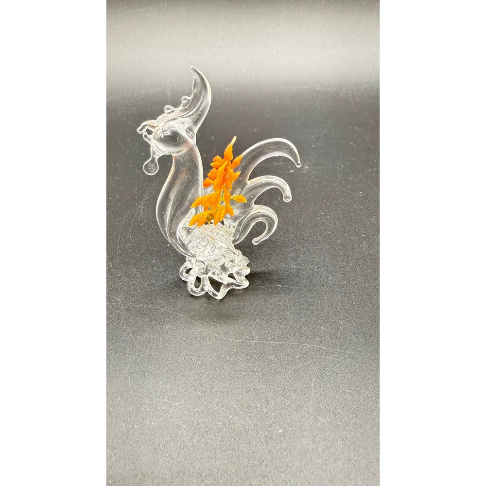 Vintage Hand Blown Clear Glass Rooster Figurine with Orange Floral Accents Art